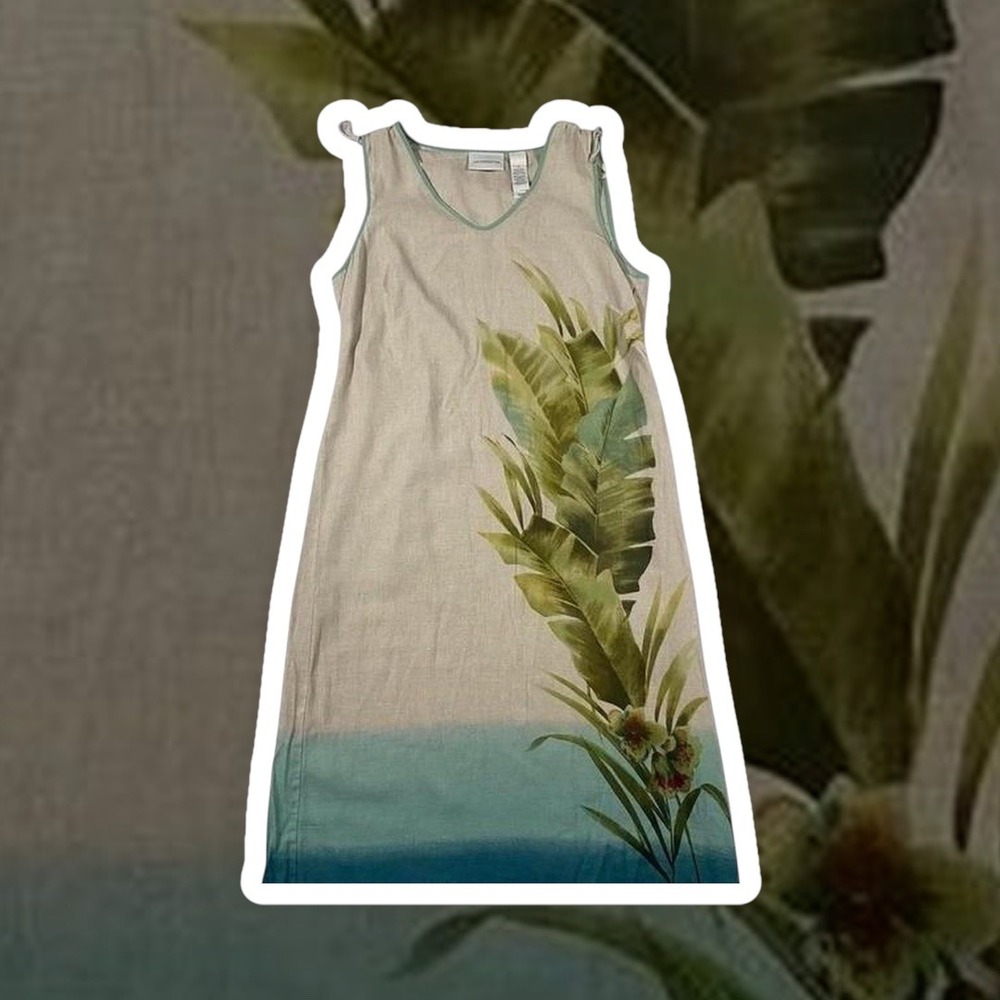 Liz Claiborne Dress Sleeveless Beige Green Vacation Tropical Floral Boho Resort‎